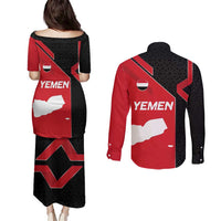 Yemen Eagle Emblem Couples Matching Puletasi and Long Sleeve Button Shirt with National Flag and Map Design