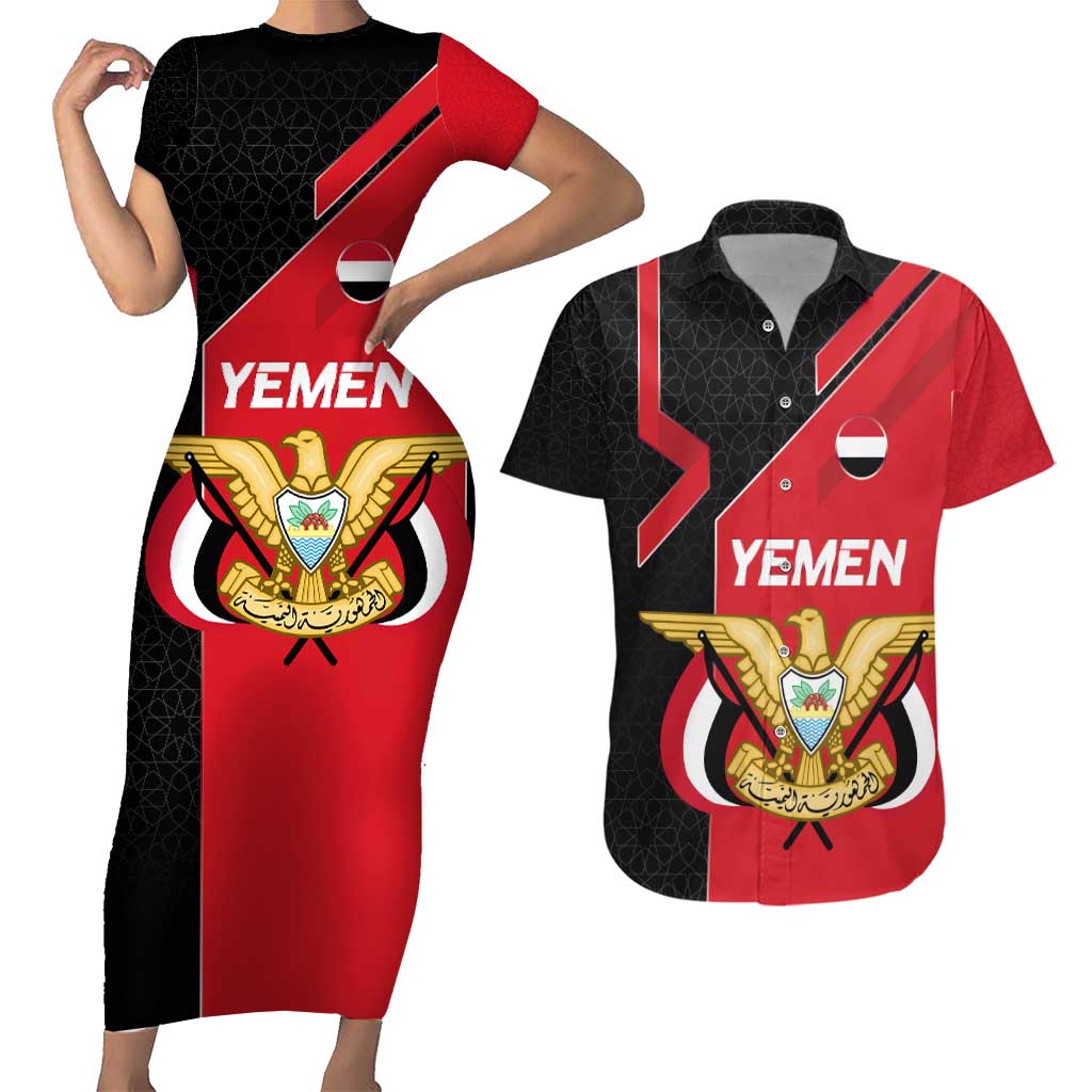 Yemen Eagle Emblem Couples Matching Short Sleeve Bodycon Dress and Hawaiian Shirt with National Flag and Map Design