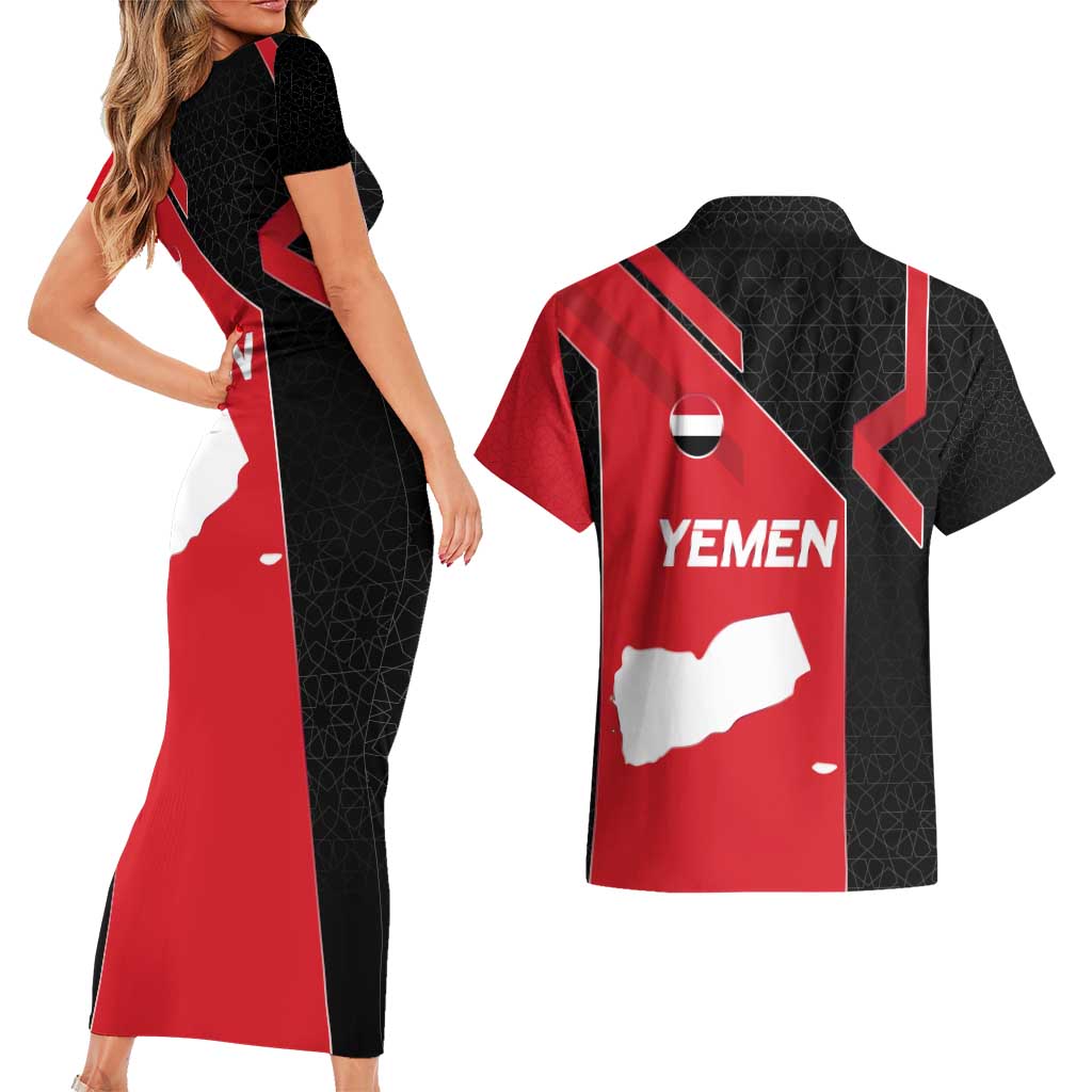 Yemen Eagle Emblem Couples Matching Short Sleeve Bodycon Dress and Hawaiian Shirt with National Flag and Map Design