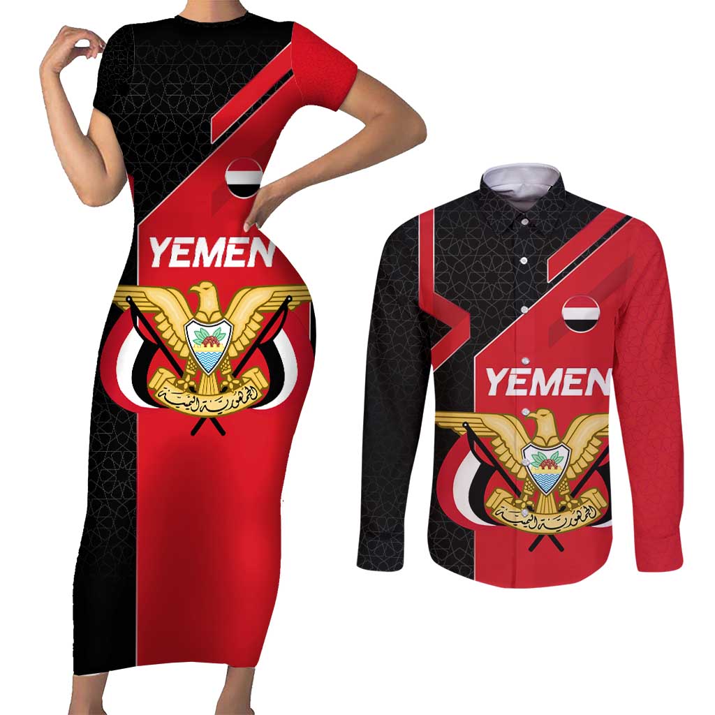 Yemen Eagle Emblem Couples Matching Short Sleeve Bodycon Dress and Long Sleeve Button Shirt with National Flag and Map Design