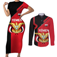 Yemen Eagle Emblem Couples Matching Short Sleeve Bodycon Dress and Long Sleeve Button Shirt with National Flag and Map Design