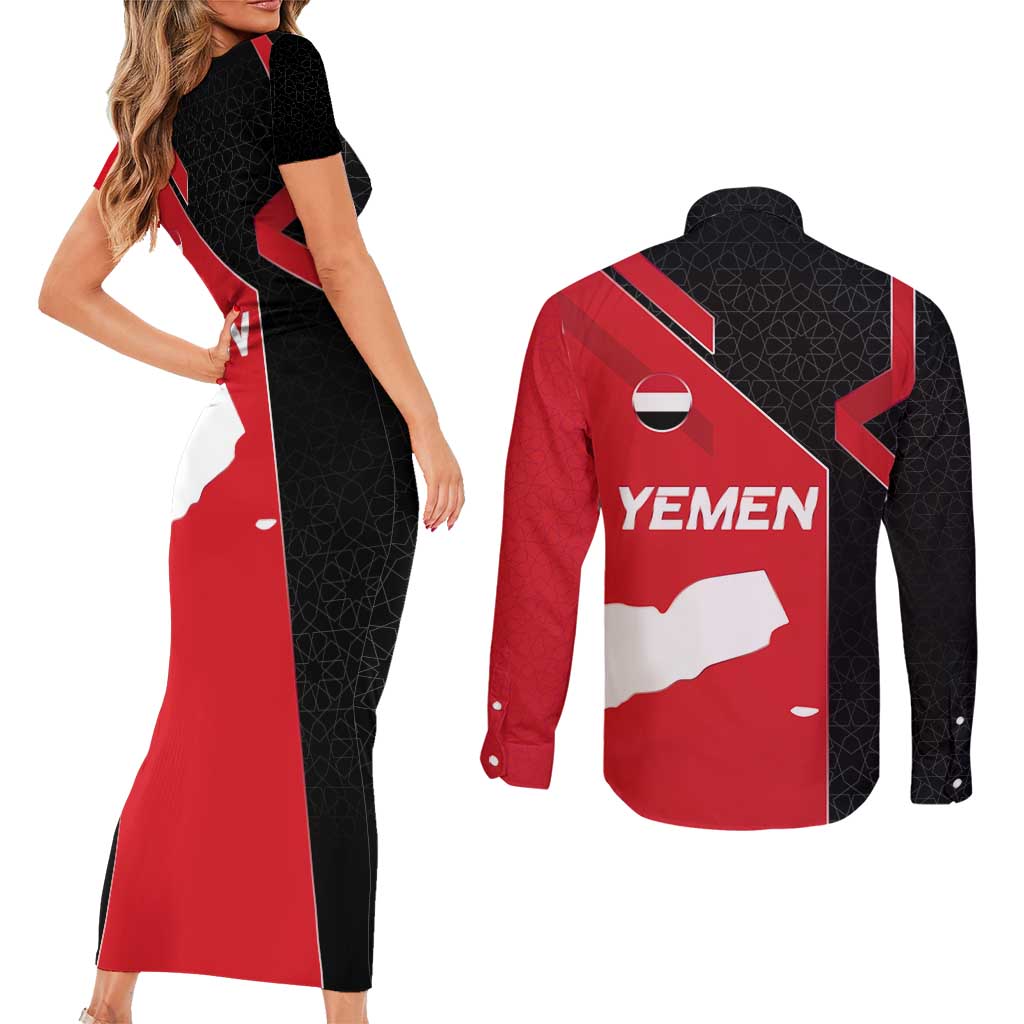 Yemen Eagle Emblem Couples Matching Short Sleeve Bodycon Dress and Long Sleeve Button Shirt with National Flag and Map Design
