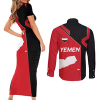 Yemen Eagle Emblem Couples Matching Short Sleeve Bodycon Dress and Long Sleeve Button Shirt with National Flag and Map Design
