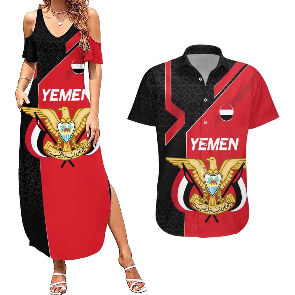 Yemen Eagle Emblem Couples Matching Summer Maxi Dress and Hawaiian Shirt with National Flag and Map Design