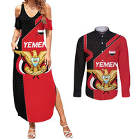 Yemen Eagle Emblem Couples Matching Summer Maxi Dress and Long Sleeve Button Shirt with National Flag and Map Design