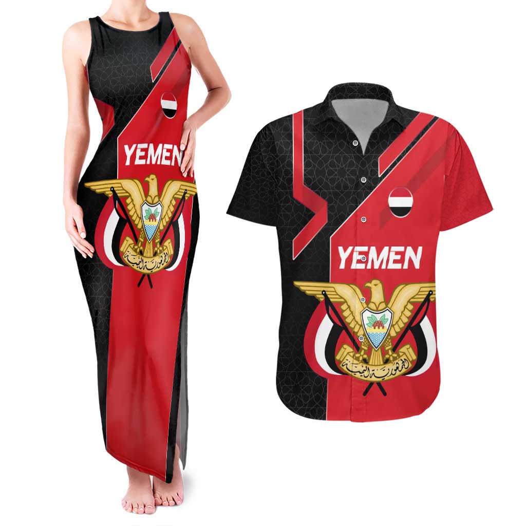 Yemen Eagle Emblem Couples Matching Tank Maxi Dress and Hawaiian Shirt with National Flag and Map Design
