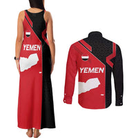 Yemen Eagle Emblem Couples Matching Tank Maxi Dress and Long Sleeve Button Shirt with National Flag and Map Design