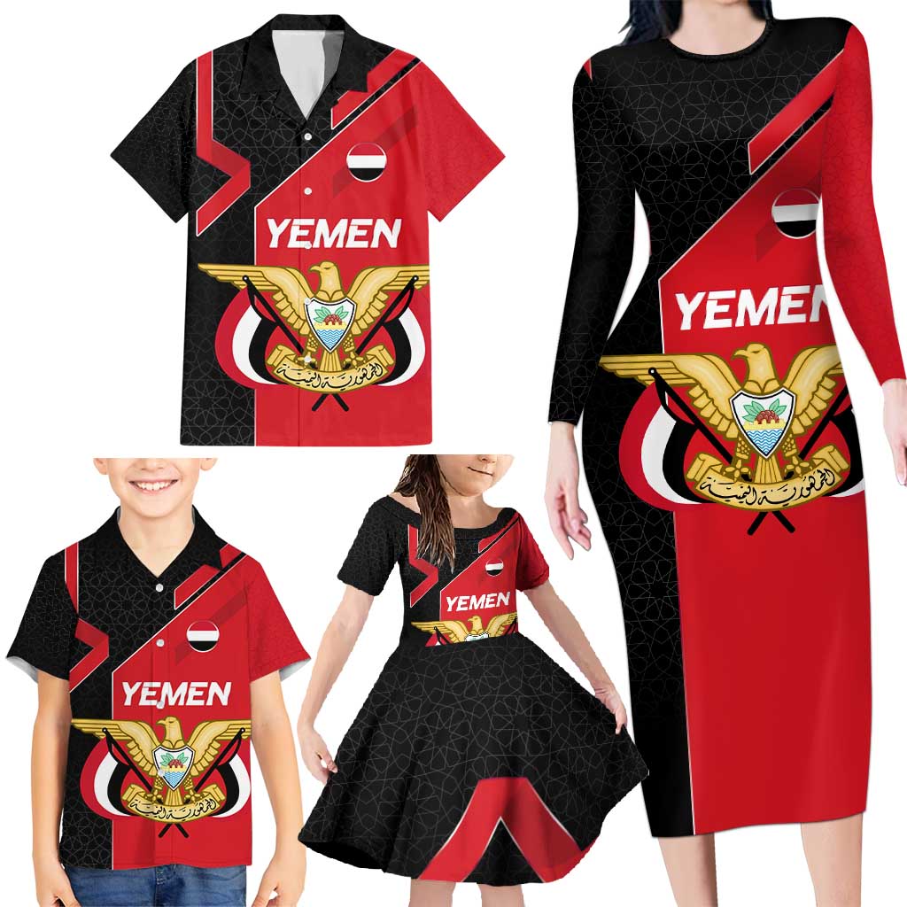 Yemen Eagle Emblem Family Matching Long Sleeve Bodycon Dress and Hawaiian Shirt with National Flag and Map Design