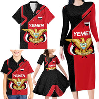Yemen Eagle Emblem Family Matching Long Sleeve Bodycon Dress and Hawaiian Shirt with National Flag and Map Design