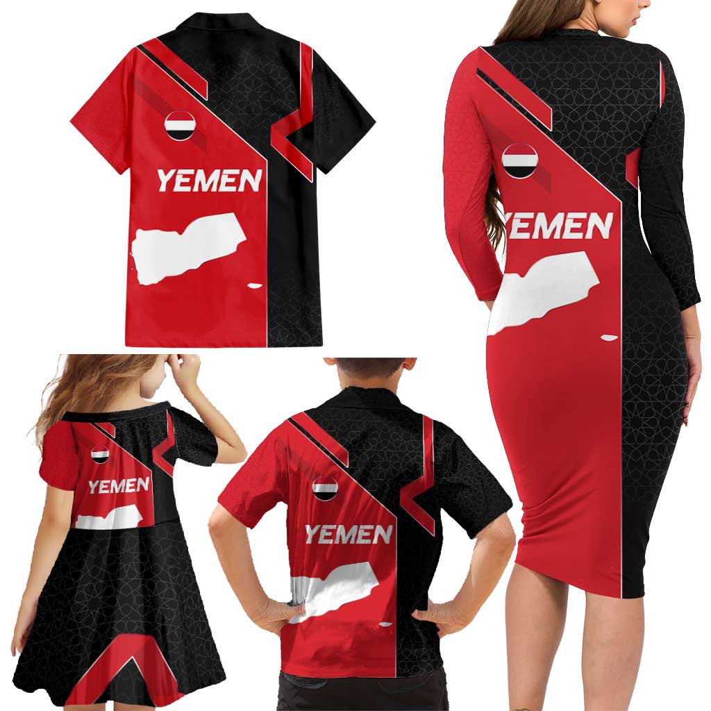 Yemen Eagle Emblem Family Matching Long Sleeve Bodycon Dress and Hawaiian Shirt with National Flag and Map Design