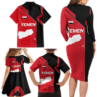 Yemen Eagle Emblem Family Matching Long Sleeve Bodycon Dress and Hawaiian Shirt with National Flag and Map Design