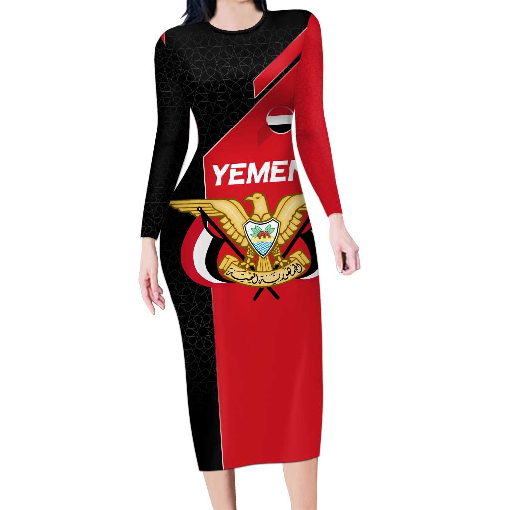 Yemen Eagle Emblem Family Matching Long Sleeve Bodycon Dress and Hawaiian Shirt with National Flag and Map Design