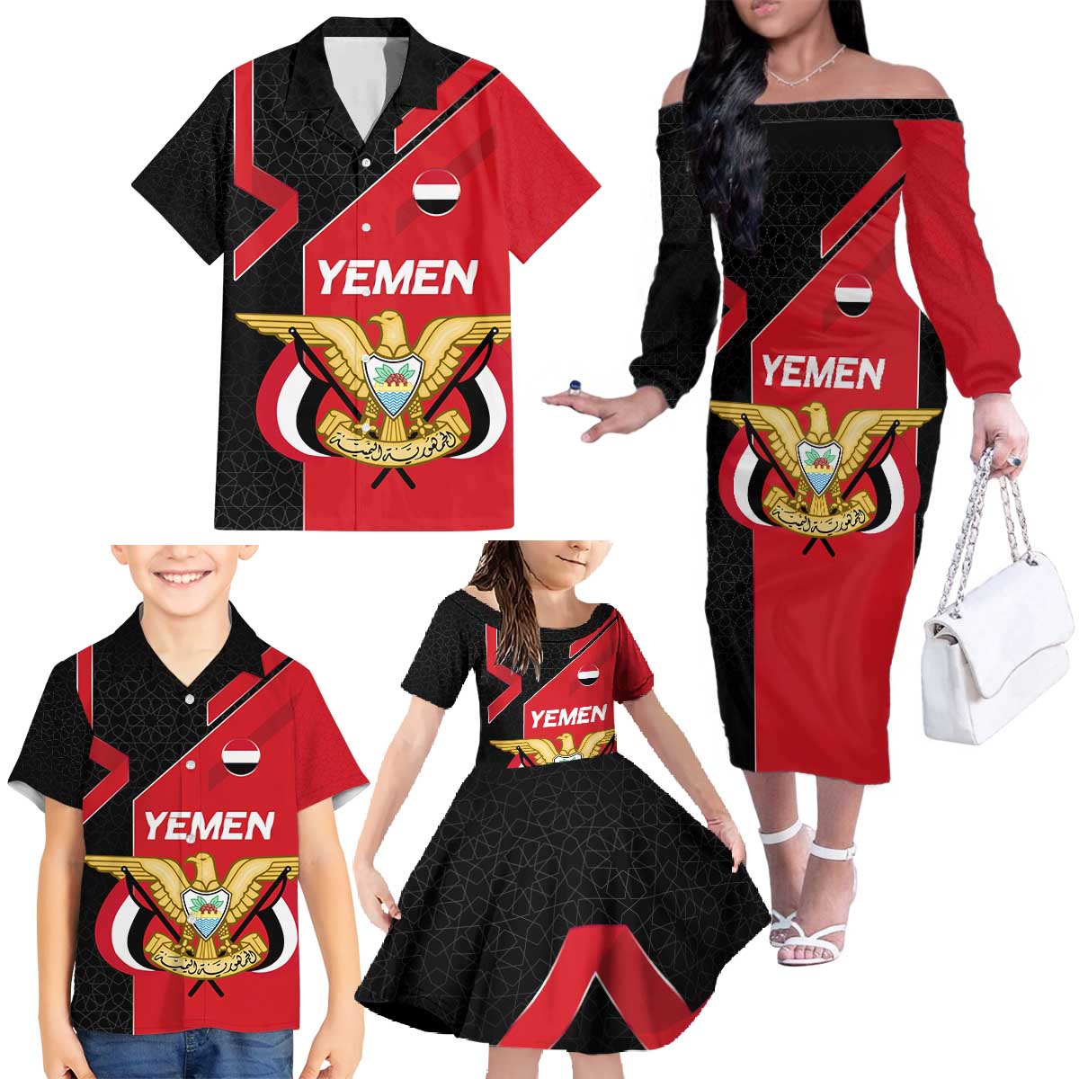 Yemen Eagle Emblem Family Matching Off The Shoulder Long Sleeve Dress and Hawaiian Shirt with National Flag and Map Design