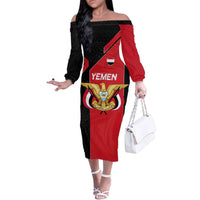 Yemen Eagle Emblem Family Matching Off The Shoulder Long Sleeve Dress and Hawaiian Shirt with National Flag and Map Design