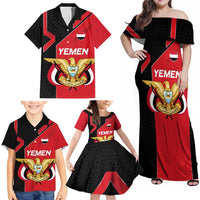 Yemen Eagle Emblem Family Matching Off Shoulder Maxi Dress and Hawaiian Shirt with National Flag and Map Design