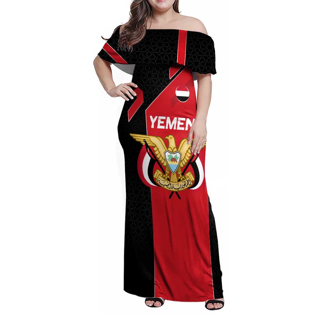Yemen Eagle Emblem Family Matching Off Shoulder Maxi Dress and Hawaiian Shirt with National Flag and Map Design