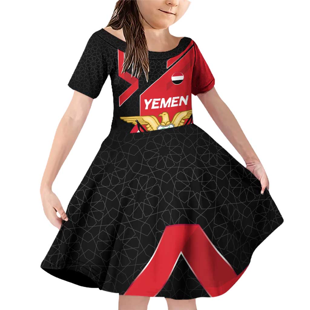 Yemen Eagle Emblem Family Matching Off Shoulder Short Dress and Hawaiian Shirt with National Flag and Map Design