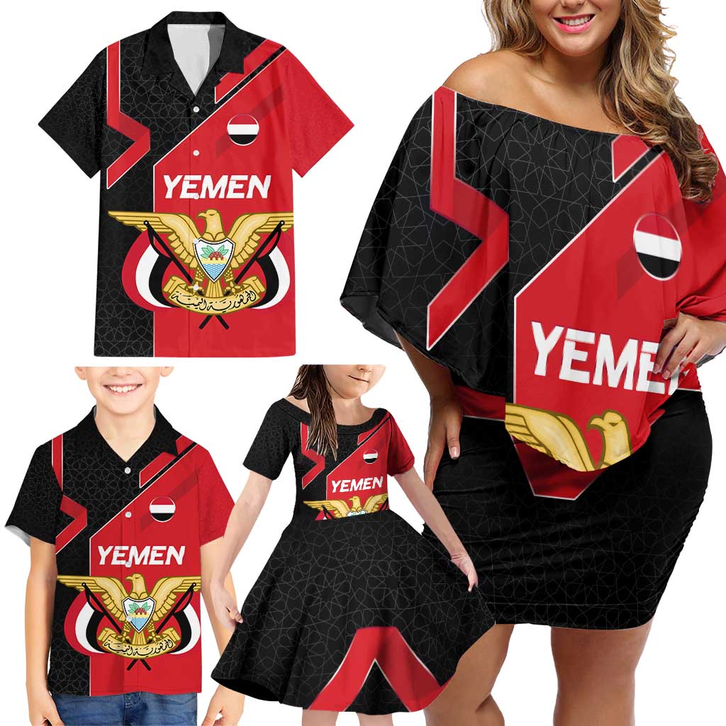 Yemen Eagle Emblem Family Matching Off Shoulder Short Dress and Hawaiian Shirt with National Flag and Map Design