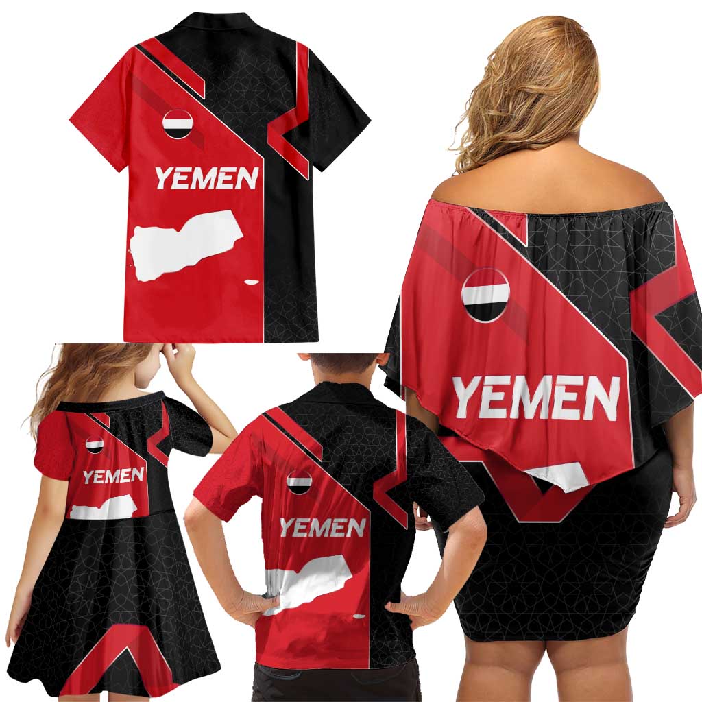 Yemen Eagle Emblem Family Matching Off Shoulder Short Dress and Hawaiian Shirt with National Flag and Map Design
