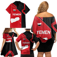 Yemen Eagle Emblem Family Matching Off Shoulder Short Dress and Hawaiian Shirt with National Flag and Map Design