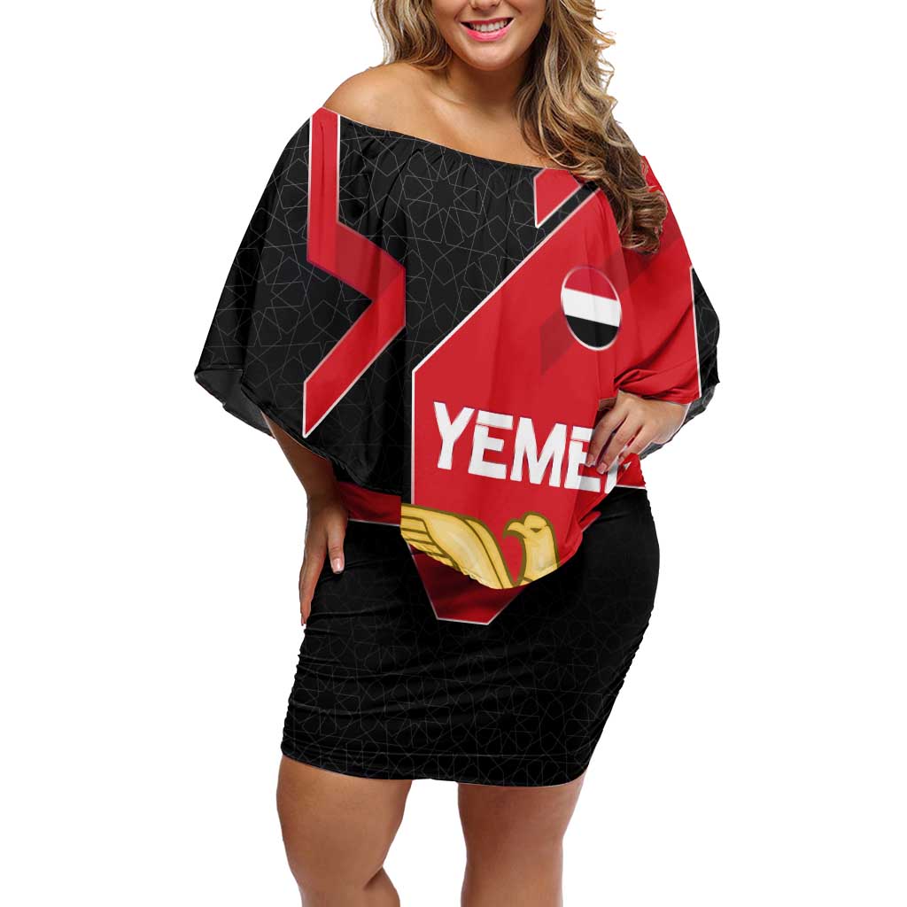 Yemen Eagle Emblem Family Matching Off Shoulder Short Dress and Hawaiian Shirt with National Flag and Map Design