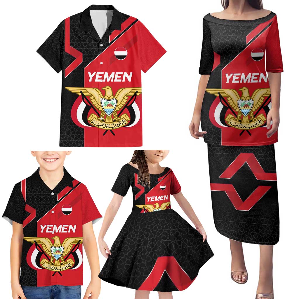 Yemen Eagle Emblem Family Matching Puletasi and Hawaiian Shirt with National Flag and Map Design