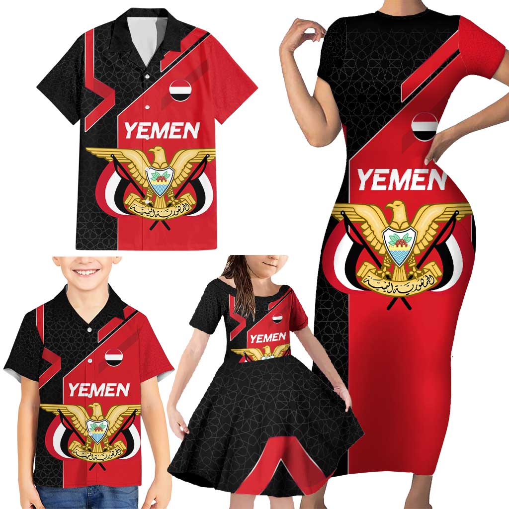 Yemen Eagle Emblem Family Matching Short Sleeve Bodycon Dress and Hawaiian Shirt with National Flag and Map Design