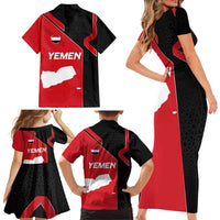 Yemen Eagle Emblem Family Matching Short Sleeve Bodycon Dress and Hawaiian Shirt with National Flag and Map Design