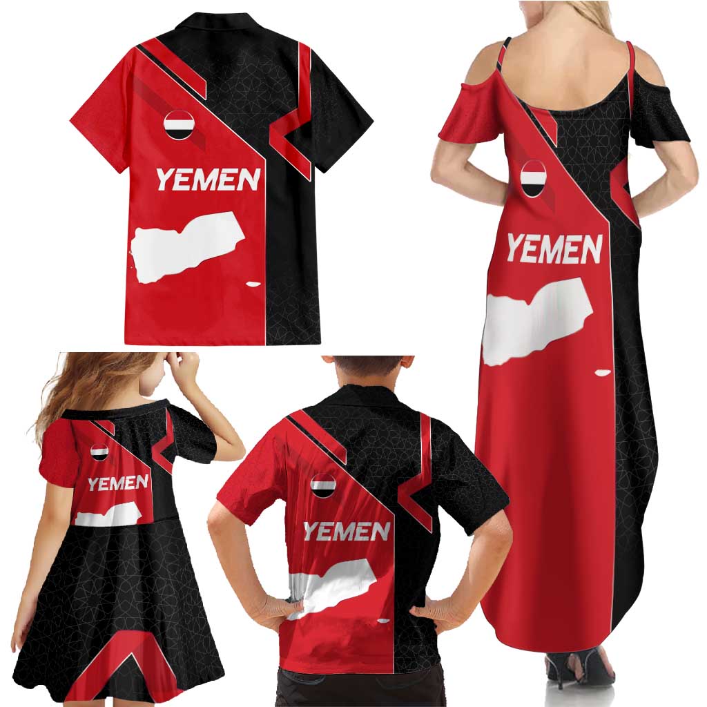 Yemen Eagle Emblem Family Matching Summer Maxi Dress and Hawaiian Shirt with National Flag and Map Design