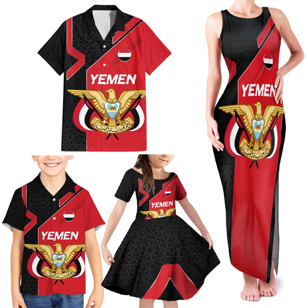 Yemen Eagle Emblem Family Matching Tank Maxi Dress and Hawaiian Shirt with National Flag and Map Design