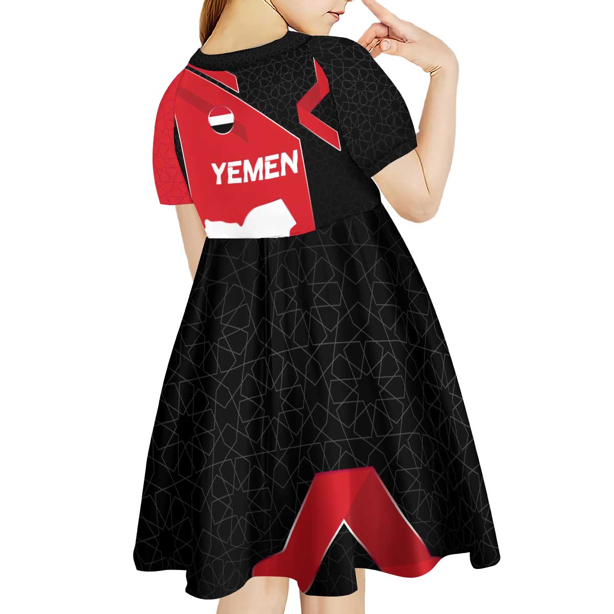Yemen Eagle Emblem Kid Short Sleeve Dress with National Flag and Map Design