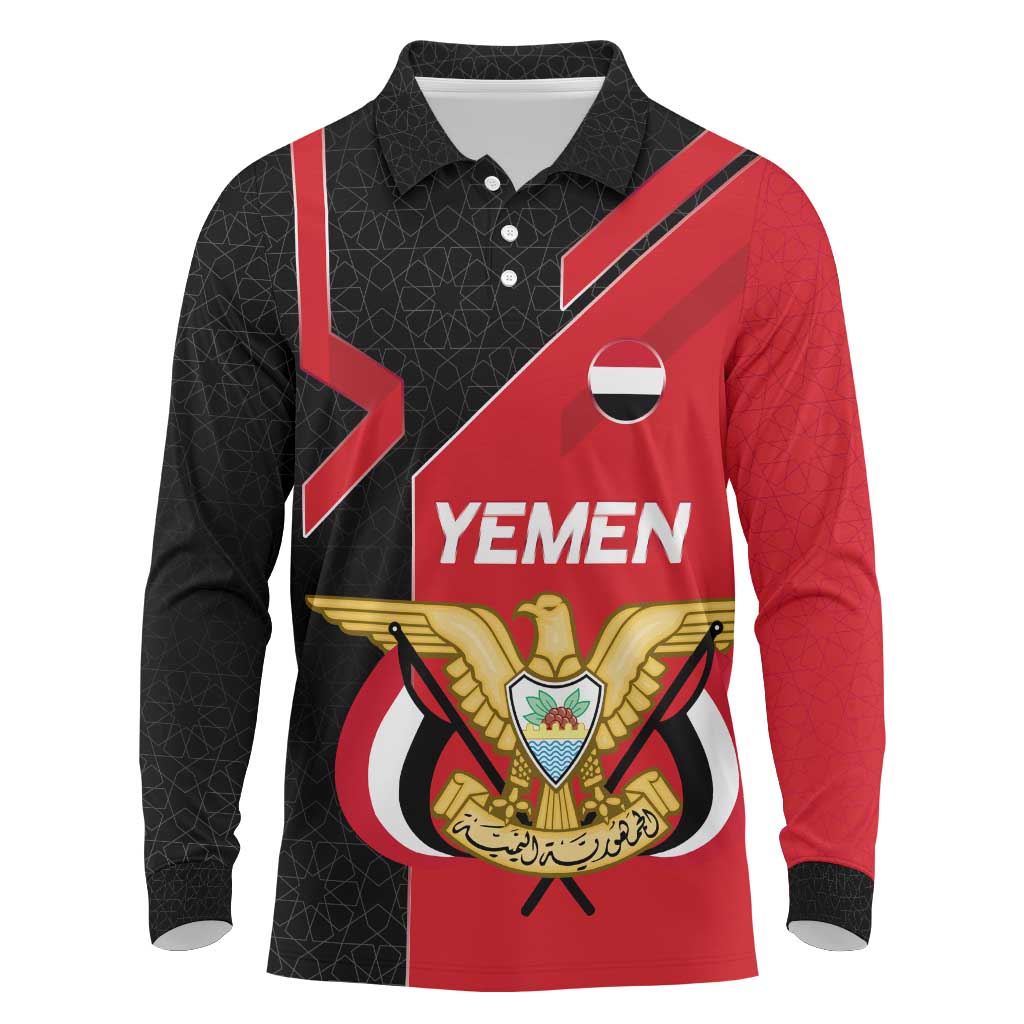 Yemen Eagle Emblem Long Sleeve Polo Shirt with National Flag and Map Design
