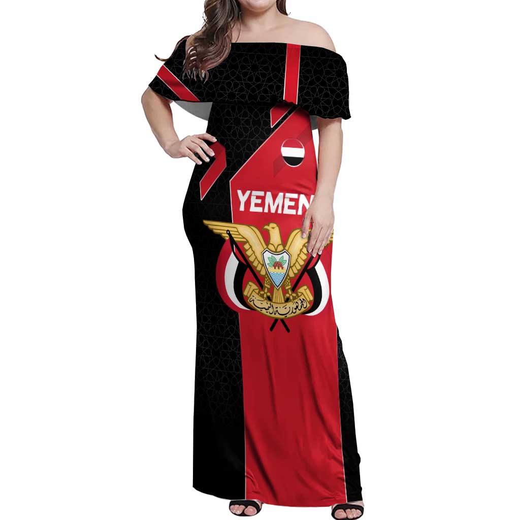 Yemen Eagle Emblem Off Shoulder Maxi Dress with National Flag and Map Design