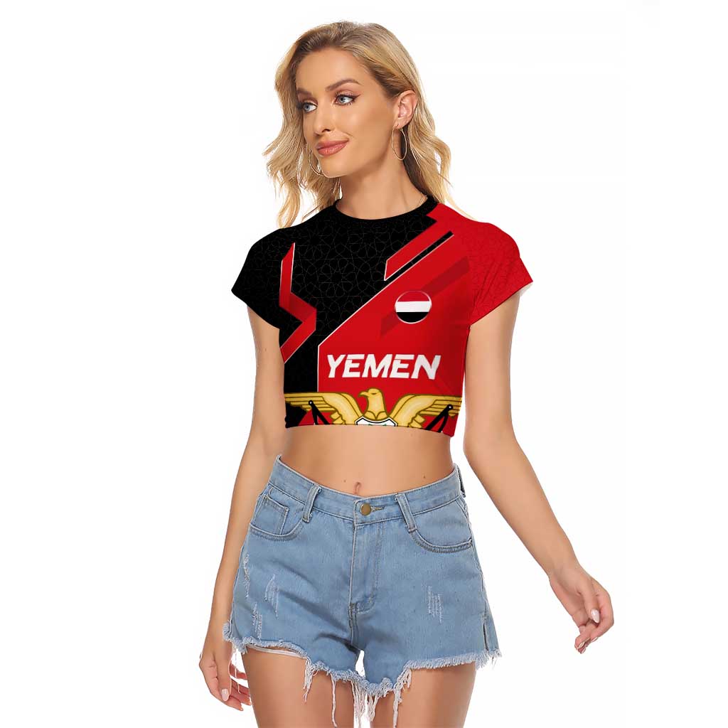 Yemen Eagle Emblem Raglan Cropped T Shirt with National Flag and Map Design