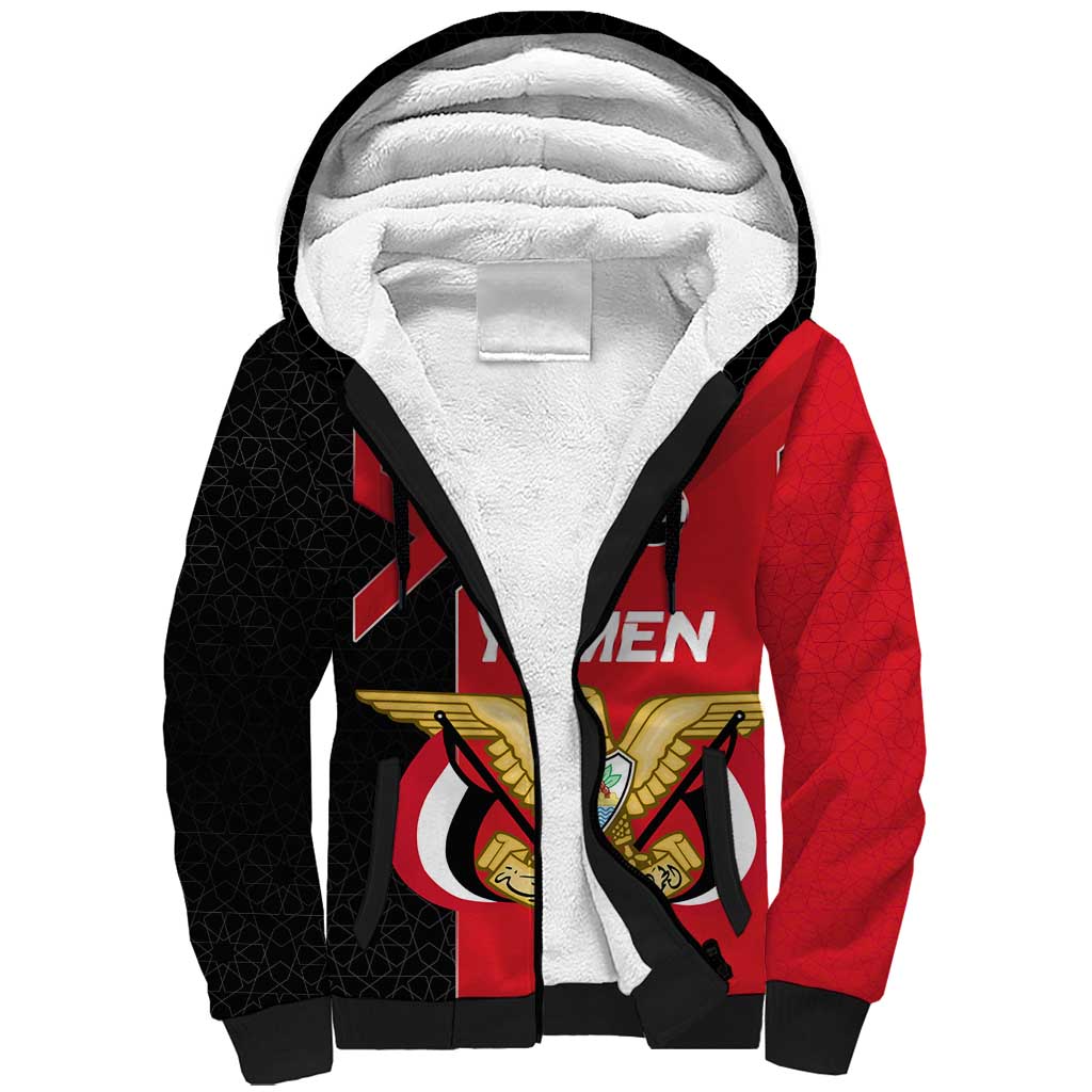 Yemen Eagle Emblem Sherpa Hoodie with National Flag and Map Design