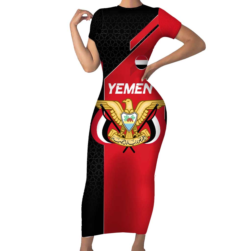 Yemen Eagle Emblem Short Sleeve Bodycon Dress with National Flag and Map Design