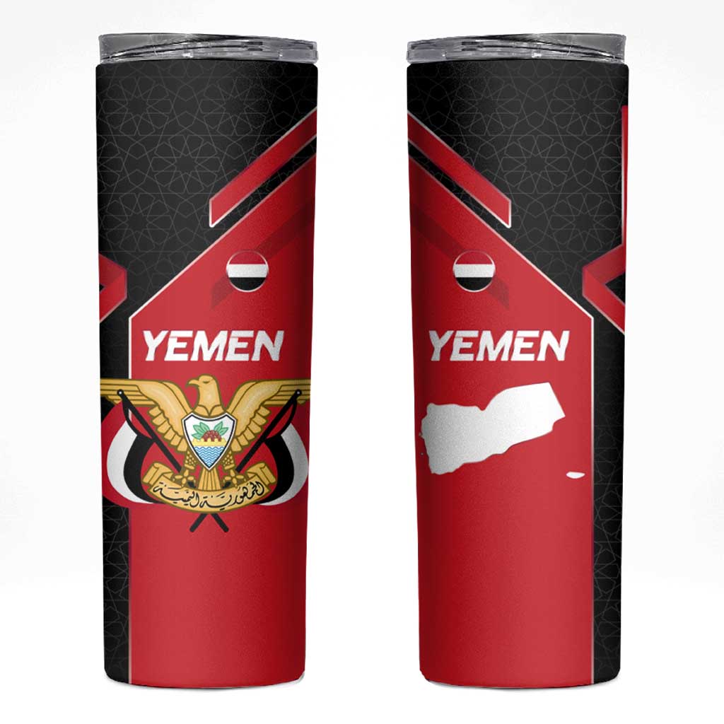 Yemen Eagle Emblem Skinny Tumbler with National Flag and Map Design