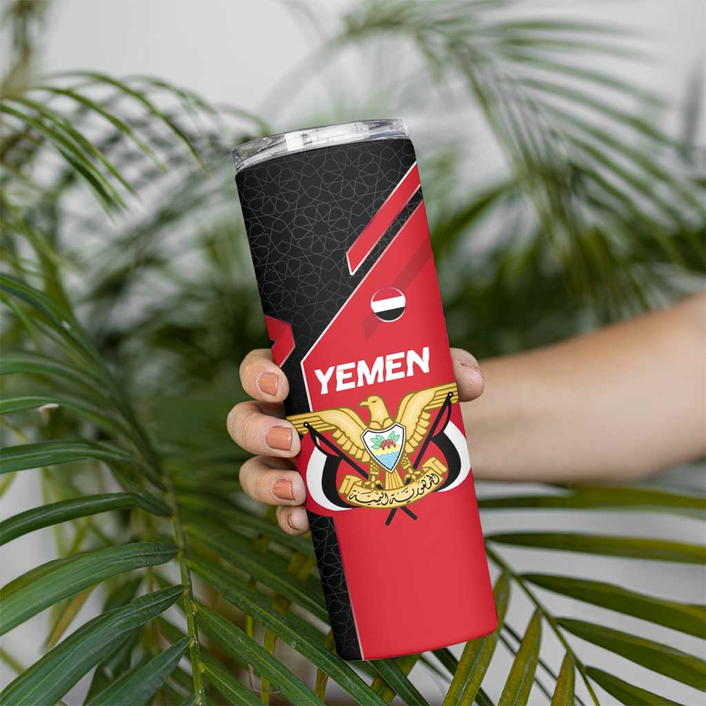 Yemen Eagle Emblem Skinny Tumbler with National Flag and Map Design