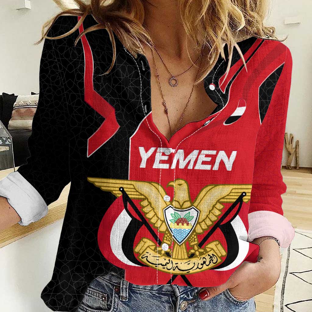Yemen Eagle Emblem Women Casual Shirt with National Flag and Map Design