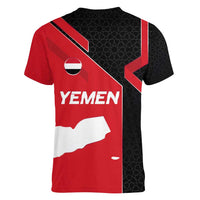 Yemen Eagle Emblem Women V-Neck T-Shirt with National Flag and Map Design