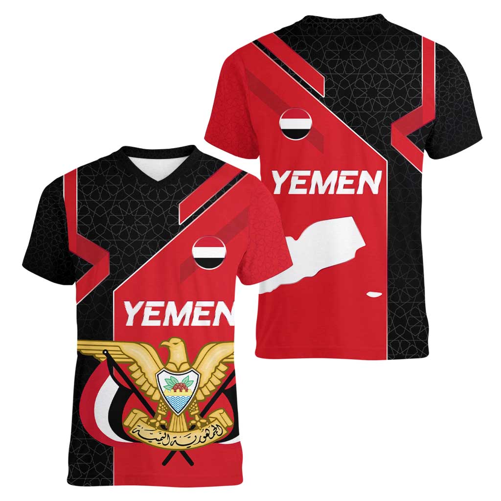 Yemen Eagle Emblem Women V-Neck T-Shirt with National Flag and Map Design