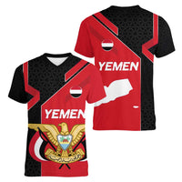Yemen Eagle Emblem Women V-Neck T-Shirt with National Flag and Map Design