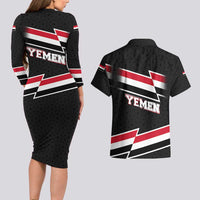 Yemen Couples Matching Long Sleeve Bodycon Dress and Hawaiian Shirt with National Eagle Emblem and Flag Stripe Design