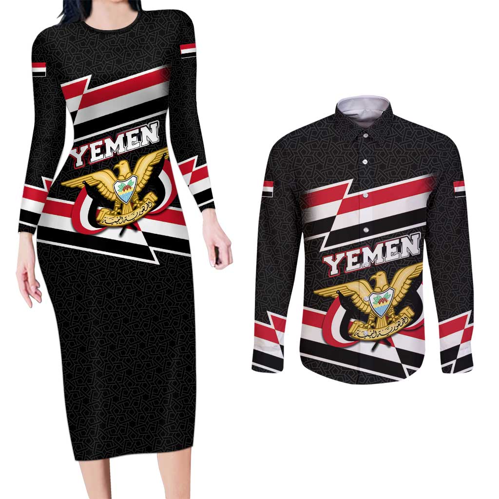 Yemen Couples Matching Long Sleeve Bodycon Dress and Long Sleeve Button Shirt with National Eagle Emblem and Flag Stripe Design