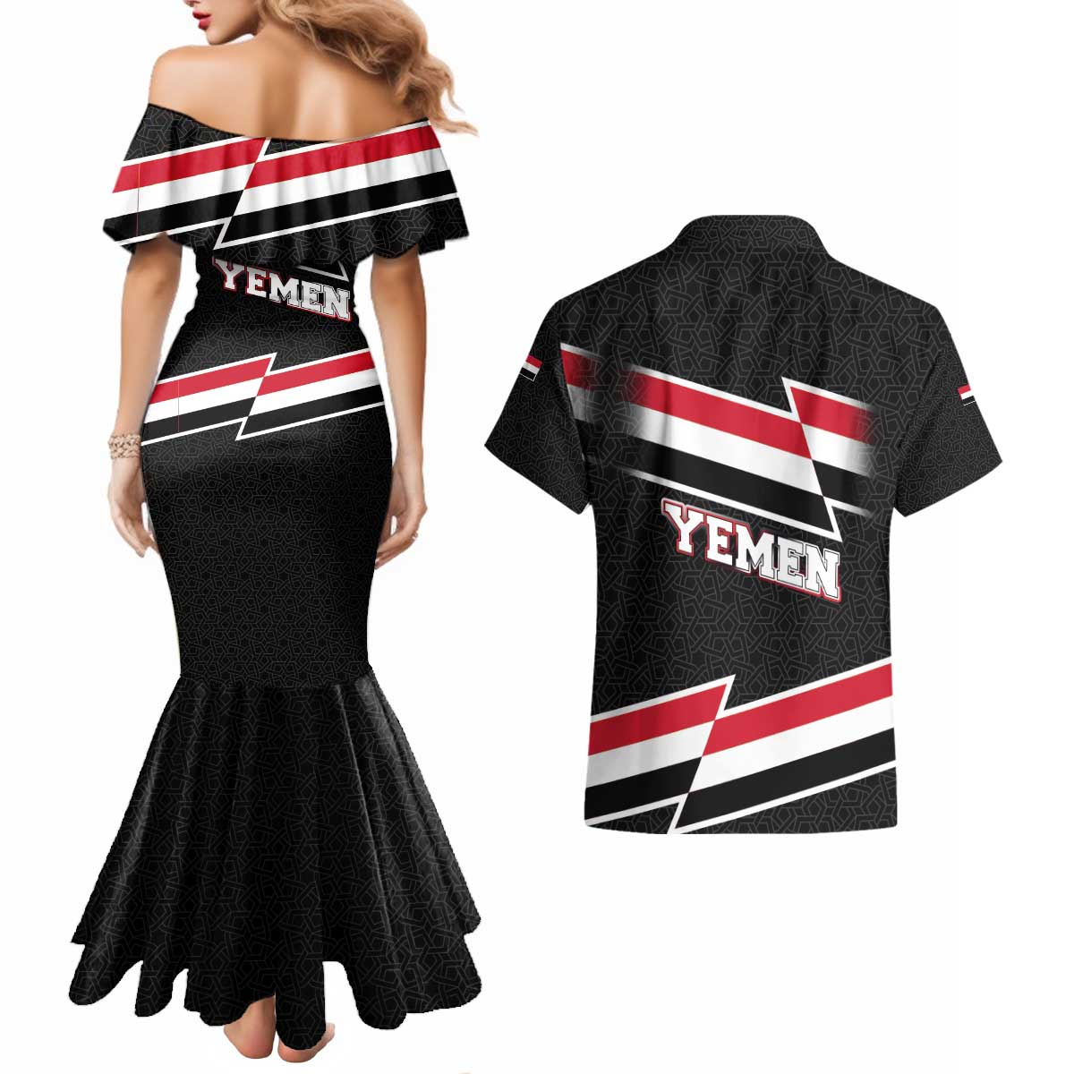 Yemen Couples Matching Mermaid Dress and Hawaiian Shirt with National Eagle Emblem and Flag Stripe Design