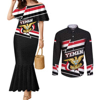 Yemen Couples Matching Mermaid Dress and Long Sleeve Button Shirt with National Eagle Emblem and Flag Stripe Design