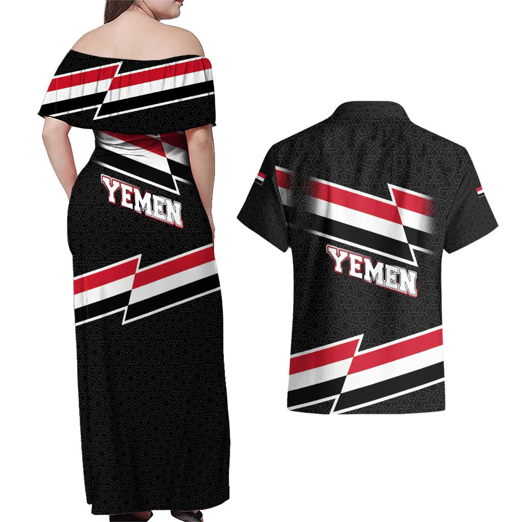 Yemen Couples Matching Off Shoulder Maxi Dress and Hawaiian Shirt with National Eagle Emblem and Flag Stripe Design