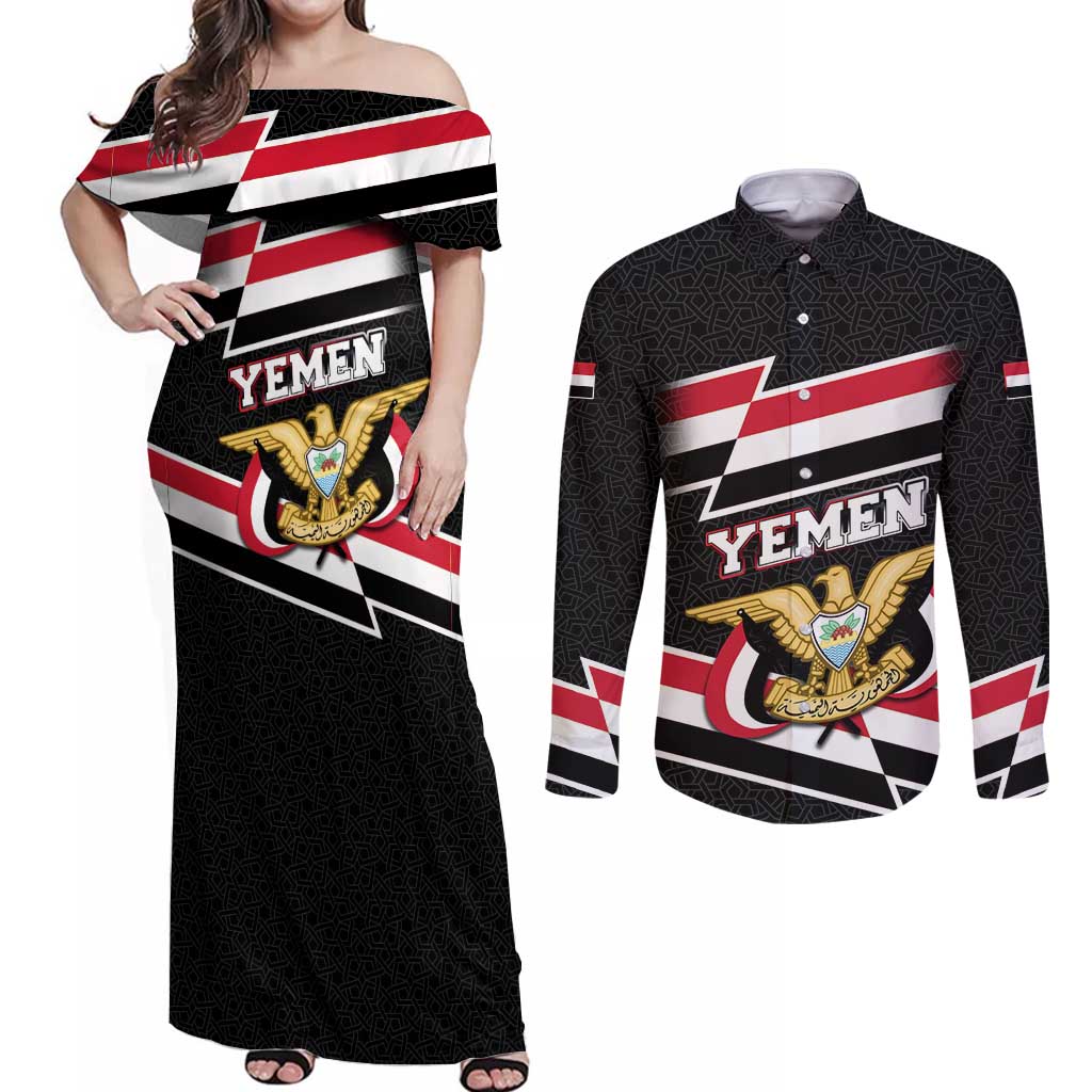 Yemen Couples Matching Off Shoulder Maxi Dress and Long Sleeve Button Shirt with National Eagle Emblem and Flag Stripe Design