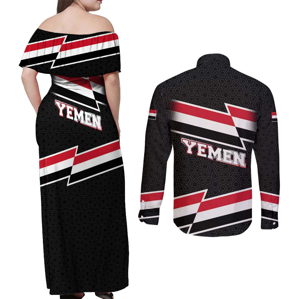 Yemen Couples Matching Off Shoulder Maxi Dress and Long Sleeve Button Shirt with National Eagle Emblem and Flag Stripe Design