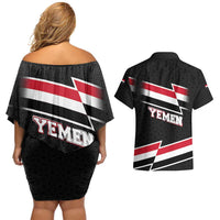 Yemen Couples Matching Off Shoulder Short Dress and Hawaiian Shirt with National Eagle Emblem and Flag Stripe Design